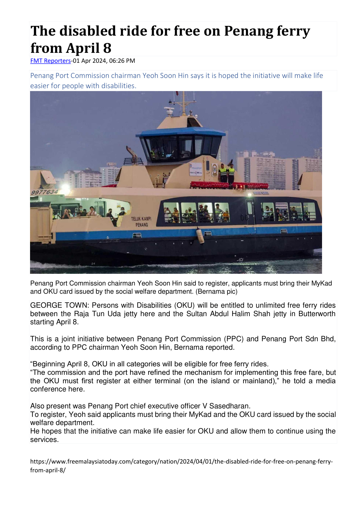 The Disabled Ride For Free On Penang Ferry From April 8