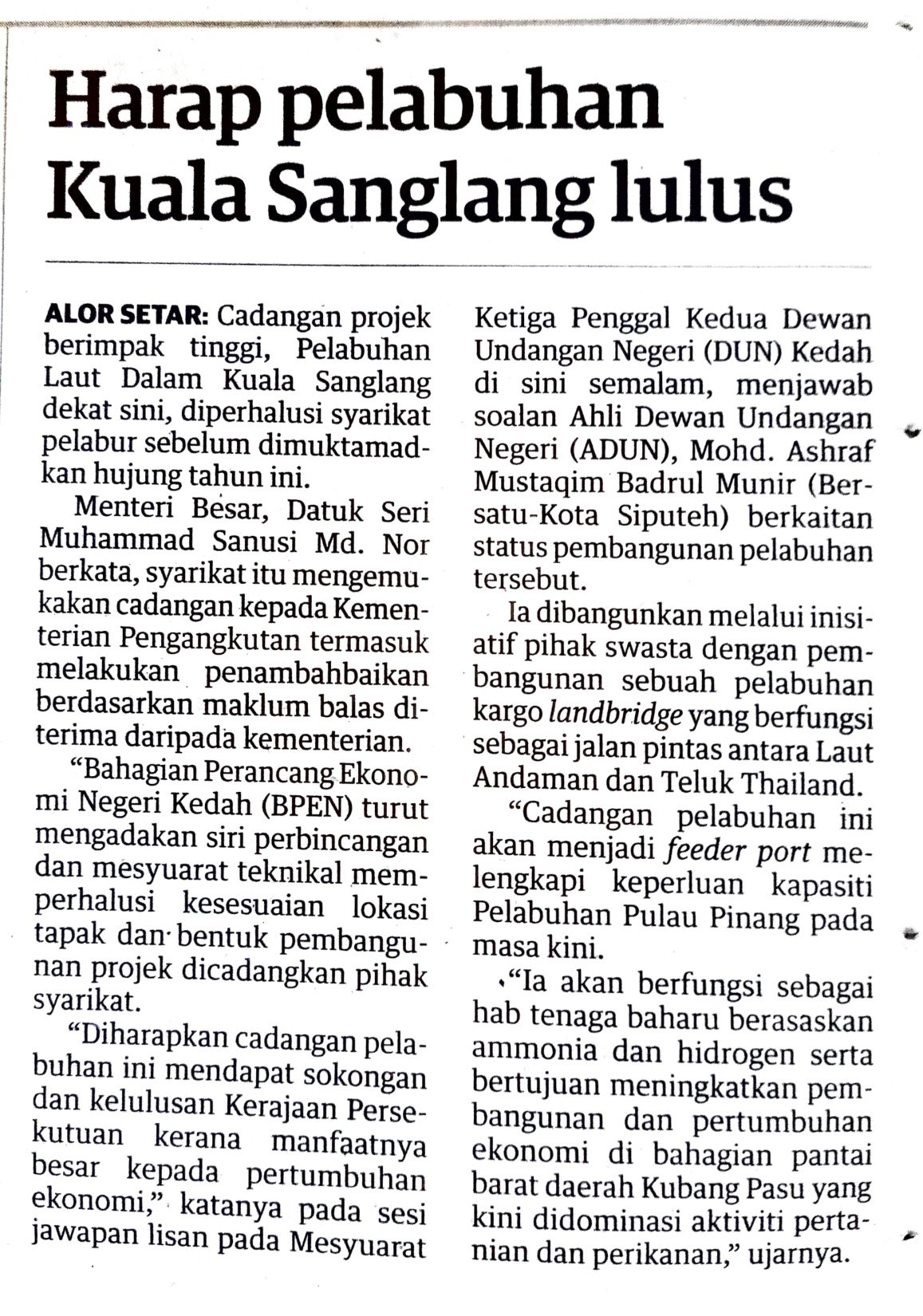 Harap Pelabuhan Sanglang Lulus