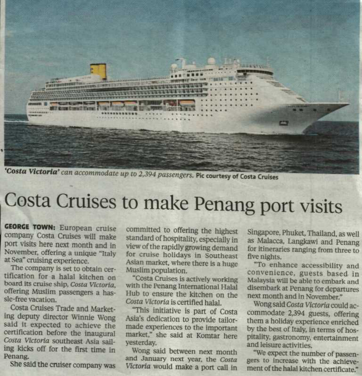 Costa Cruises To Make Penang Port Visits